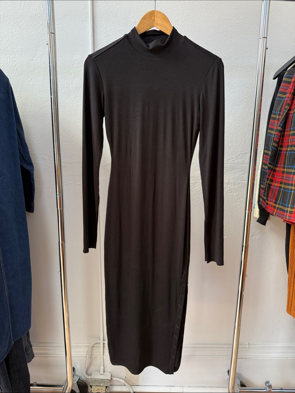 Good American Sundown Black Long Sleeve Mock Neck Midi Dress